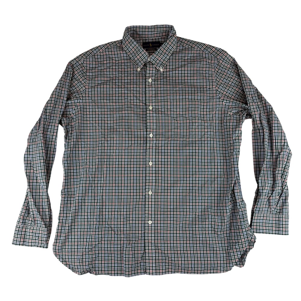 Ralph Lauren Button Down Shirt Mens XXL Green Plaid Classic Fit Cotton Stretch